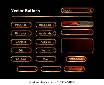 set of vector orange buttons on black background. Search, reed more, download, next page,wach video, enterence, aboute us, exit, buy now, book now, play, send now, loading
