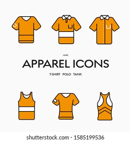 Set of vector orange clothing icons with black strokes. Signs templates for t-shirts, polo and tank