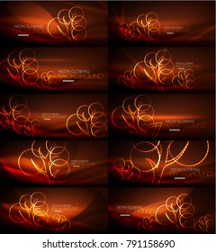 Set of vector orange geometric neon tree backgrounds