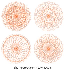 Set of vector orange guilloche rosettes certificate or diplomas, decorative elements