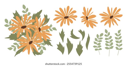 Set of vector orange hand drawn wild flowers