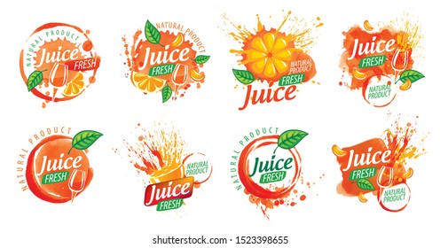 Set of vector orange juice splatter logos on white background