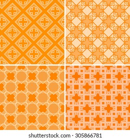 Set of vector orange seamless geometrical patterns. Decorative vintage textures. Retro background for cards, invitations and others. 