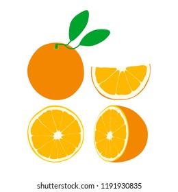 Set of vector oranges. Orange with leaves. Half orange. Slice of orange. 