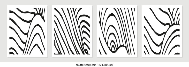 Satz abstrakter, abstrakter minimalistischer Vektorformen auf schwarz-weißem Hintergrund.
Zeitgenössische stilvolle Wandbilder oder Plakate.