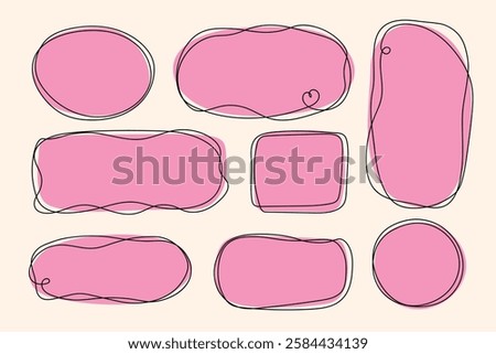 Set of vector organic shapes in pink with hand drawn frame. Text boxes, abstract liquid line shapes.