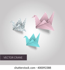 Set of vector origami cranes. Paper design.