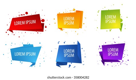 Set of vector origami geometric speach or quote bubbles with blot decoration. Modern message design for website, poster, catalog etc.
