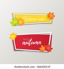 Set of vector origami paper style banners with autumn leaves. Autumn sale . Web banner or poster for e-commerce, on-line cosmetics shop, fashion & beauty shop, store. Vector illustration. EPS 10