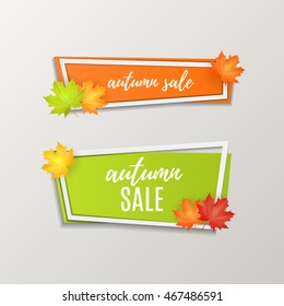 Set of vector origami paper style banners with autumn leaves. Autumn sale . Web banner or poster for e-commerce, on-line cosmetics shop, fashion & beauty shop, store. Vector illustration. EPS 10