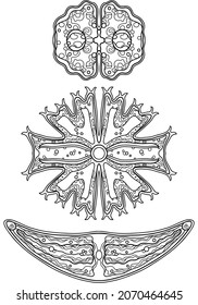 Set of vector ornament black and white unicellular sea algae isolates on white. Desmidiales, Zygnematophyceae, Charophyta. Pattern design and coloring.