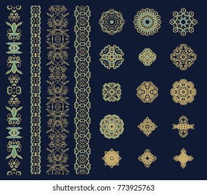Set of vector ornamental borders and rosettes on dark background