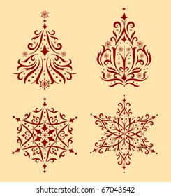 Set of Vector ornamental christmas trees and snowflakes