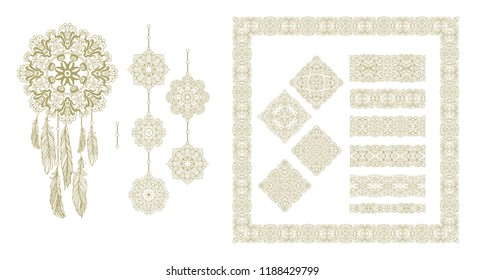 Set of vector ornamental rosettes, dreamcatcher, square frame, borders