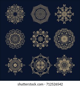 Set of vector ornamental rosettes- snowflakes  on dark background