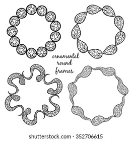Set of vector ornamental round black frames on white background