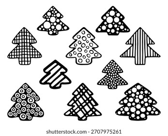 Un conjunto de árboles de Navidad adornados de Vector en estilo doodle. Elementos de decoración festiva de Navidades de invierno.