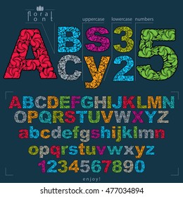 Set of vector ornate letters and numbers, flower-patterned typescript. Colorful characters created using herbal texture.