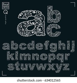 Set of vector ornate lowercase letters, flower-patterned typescript. Black and white characters created using herbal texture.