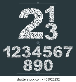 Set Of Vector Ornate Numbers, Flower-patterned Numeration. Black And White Characters Created Using Herbal Texture.