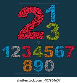 Set of vector ornate numbers, flower-patterned numeration. Colorful characters created using herbal texture.