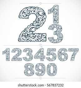 Set Of Vector Ornate Numbers, Flower-patterned Numeration. Black And White Characters Created Using Herbal Texture.