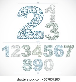 Set Of Vector Ornate Numbers, Flower-patterned Numeration. Blue Characters Created Using Herbal Texture.