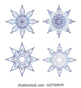 Set of vector ornate snowflakes or beautiful winter stars. Blue watercolor style. Object isolated on white background. Hand drawing, sketch doodle style. Elements for design 