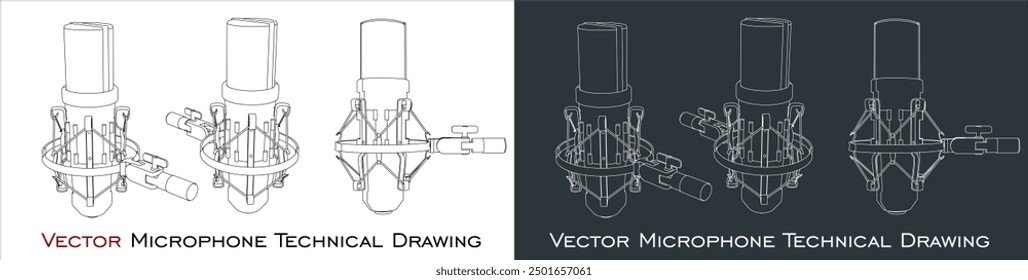 Set Vector Out Line Microphone. wireframe blueprint line technical drawing for podcast