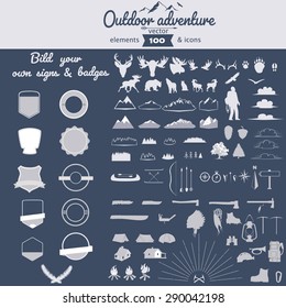 Set of vector outdoor adventure elements and icons for self build badges & signs 