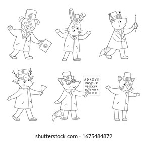 Set of vector outline animal doctors. Cute funny characters. Medical coloring page for children. Hospital scenes isolated on white background