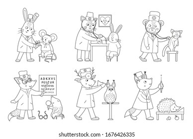 Set of vector outline animal doctors treating patients. Cute funny characters. Medicine coloring page for children. Hospital scenes isolated on white background