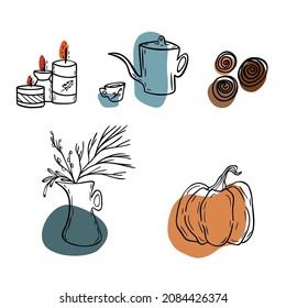 The set of vector outline autumn objects with color abstract forms