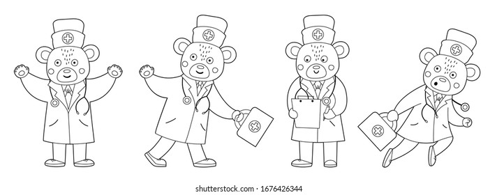 Set of vector outline bear doctors in medical hat with stethoscope. Cute funny animal character. Medicine coloring page for children. Healthcare icon isolated on white background