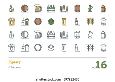 Set of vector outline Beer icons. Color and colorless.