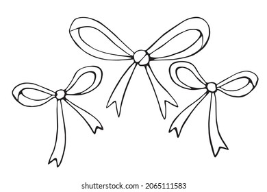 Conjunto de arcos de contorno vectorial, cintas. Doodles, libro de colorear, dibujado a mano. Simple clip art para Navidad de Pascua San Valentín Día de las chicas, diseño para chicas