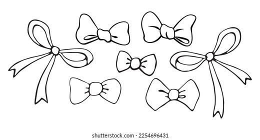 Set of vector outline bows, ribbons. Doodles, coloring book, hand drawn. Simple clip art for Easter xmas birthday Valentines Day, girls design