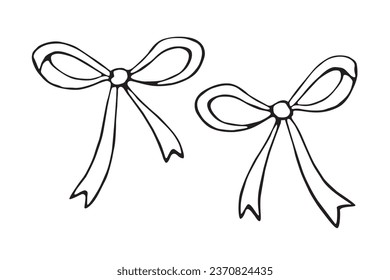 Set of vector outline bows, ribbons. Doodles, coloring book, hand drawn. Simple clip art for Easter xmas birthday Valentines Day, girls design