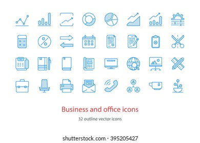 Set of vector outline business and office icons. Blue color.