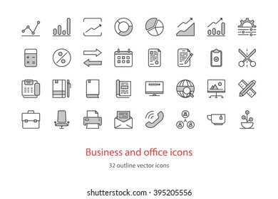 Set of vector outline business and office icons. Black color.