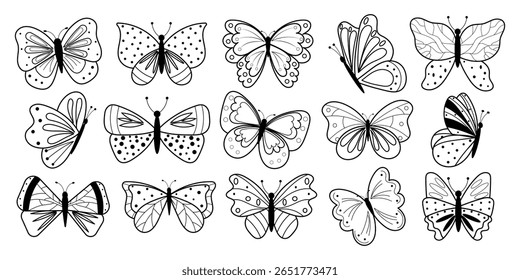 Set of vector outline butterflies. Collection of black and white flying insects. Vector silhouettes.