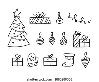 Set of vector outline christmas doodle elements. Minimalist contour drawing of gift boxes, tree toys, decorated fir-tree, sock. Isolated objects for card template, web banner, poster or print.
