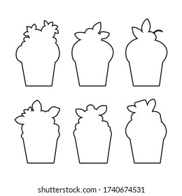 Set of vector outline cupcakes silhouettes isolated on white background. Food design elements for the menu, bakery logo, web, postcards.