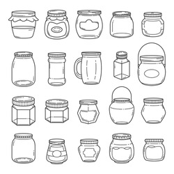 Set Of Vector Outline Doodle Hand Drawn Jars And Containers For Foodisolated Over White Background