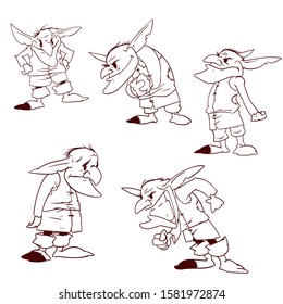 Set of vector outline drawings of trolls or goblins