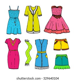 Set of vector outline dresses, scarf, skirt, shorts. Women's bright multicolor clothing