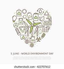 Set vector outline ecological icons. Heart shape element made from eco icons and signs. Linear eco icons collection