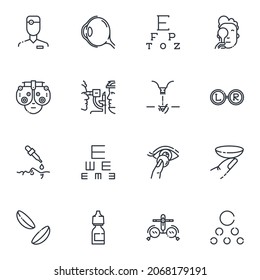 Set of vector outline eye care icons isolated on transpatent background. 