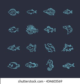 Set Of Vector Outline Fish Icons, Aquarium