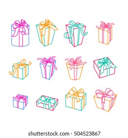 Set of vector outline gift icons. Multicolor boxes with ribbons, isolated illustration. Trendy design elements for holiday greeting card, gift shop, voucher, flyer, banner.
